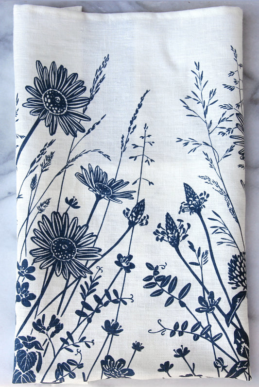 Roadside Wildflowers in Dusty Blue on White Linen