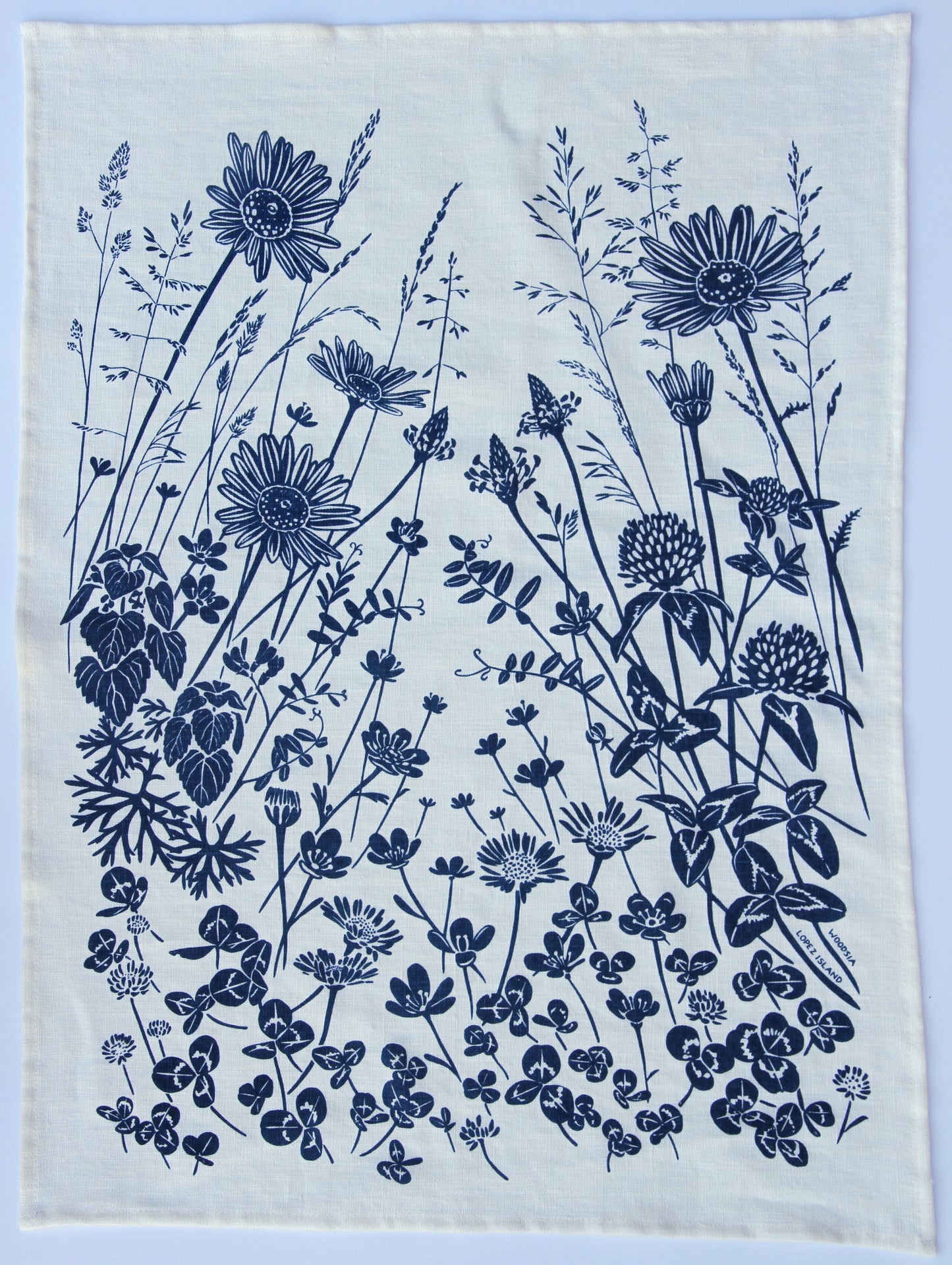 Springtime Wildflowers in Dusty Blue on White Linen