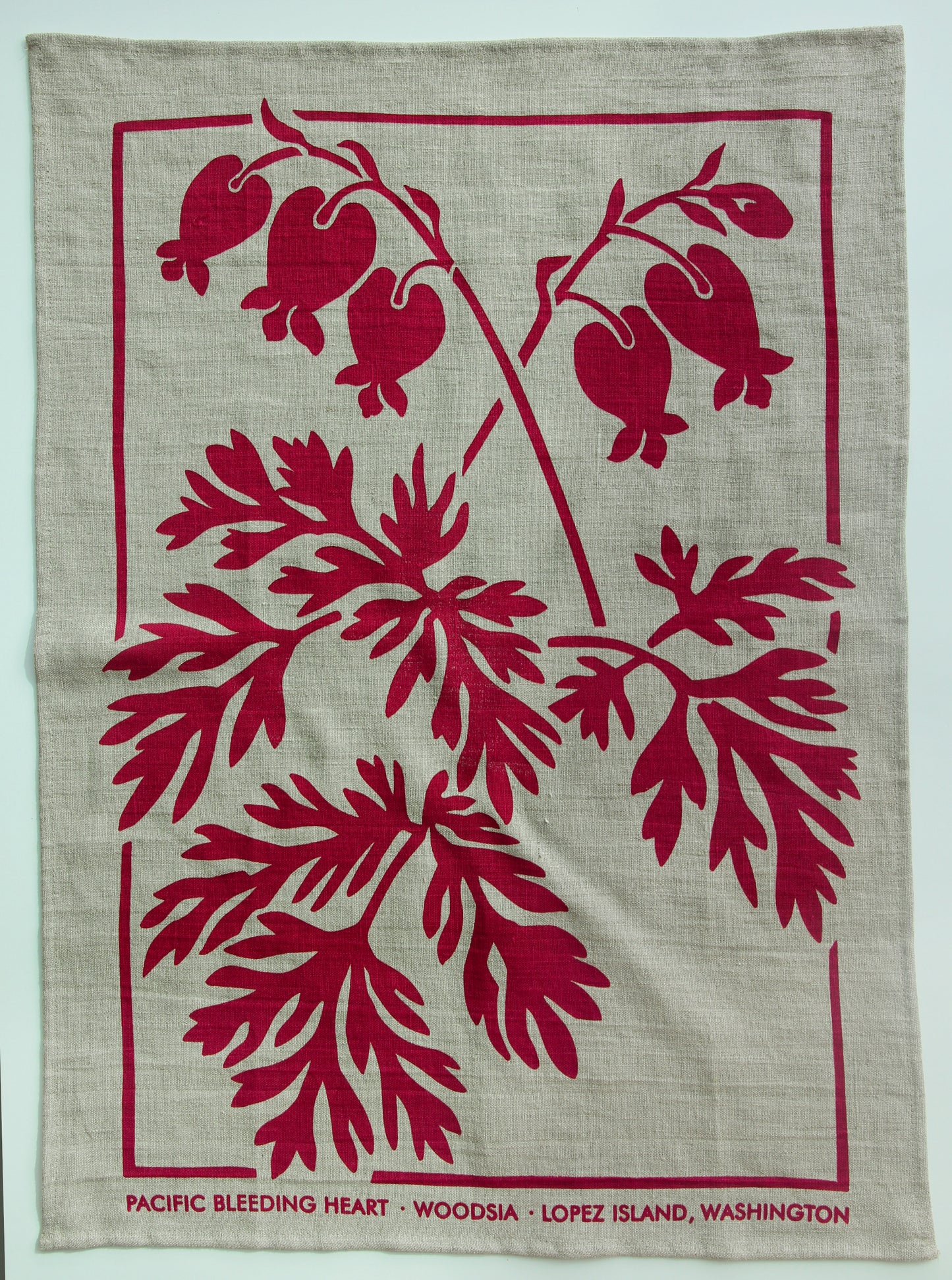 Bleeding Heart Kitchen Towel in Fuchsia on Natural Linen