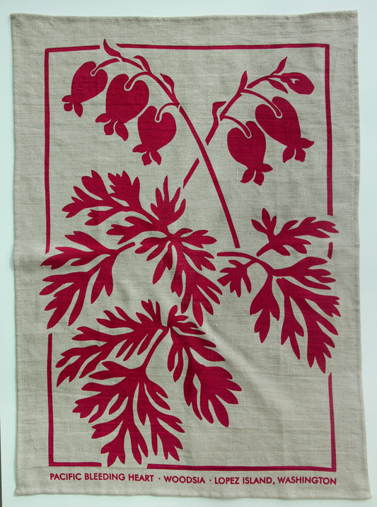 Bleeding Heart Kitchen Towel in Fuchsia on Natural Linen
