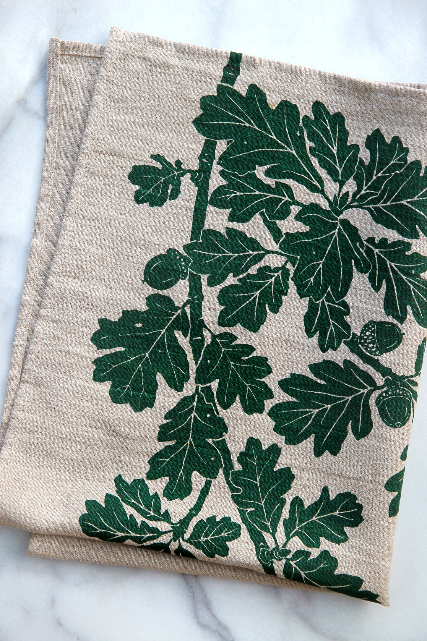 Garry Oak Kitchen Towel in Green on Natural Linen