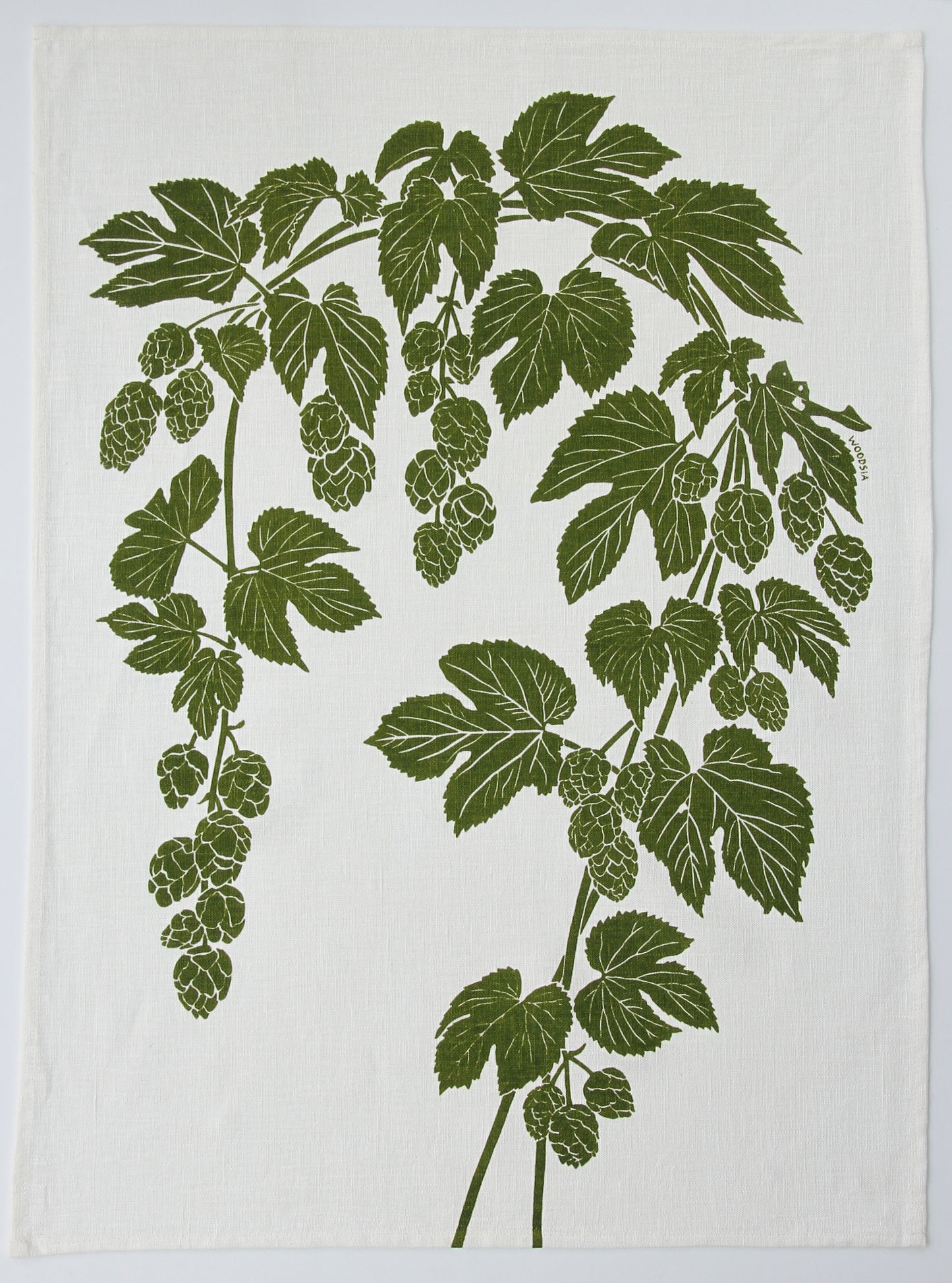 Hops Kitchen Towel in Spring Moss on White Linen