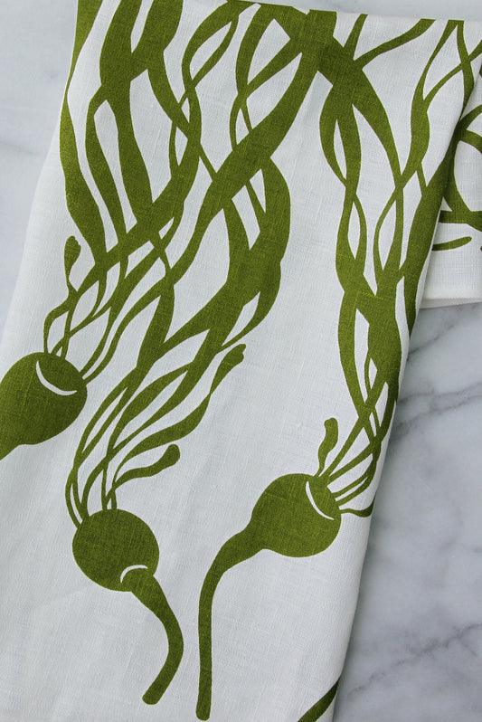 Kelp Kitchen Towel in Spring Moss on White Linen