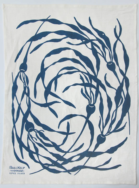 Kelp Swirly Kitchen Towel in Fog on White Linen