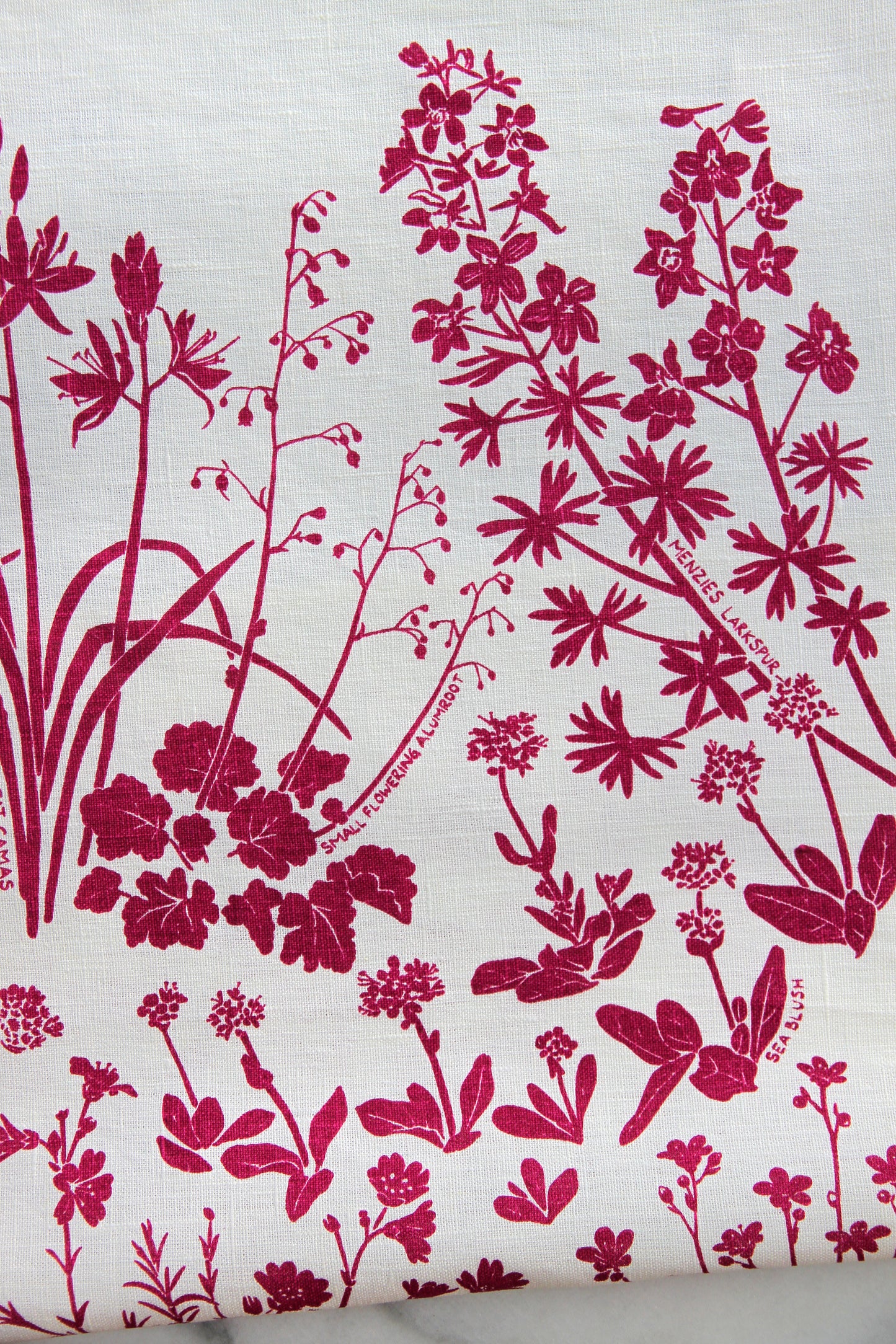 Rocky Outcropping Wildflowers in Plum Jam on White Linen