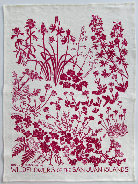 Rocky Outcropping Wildflowers in Plum Jam on White Linen