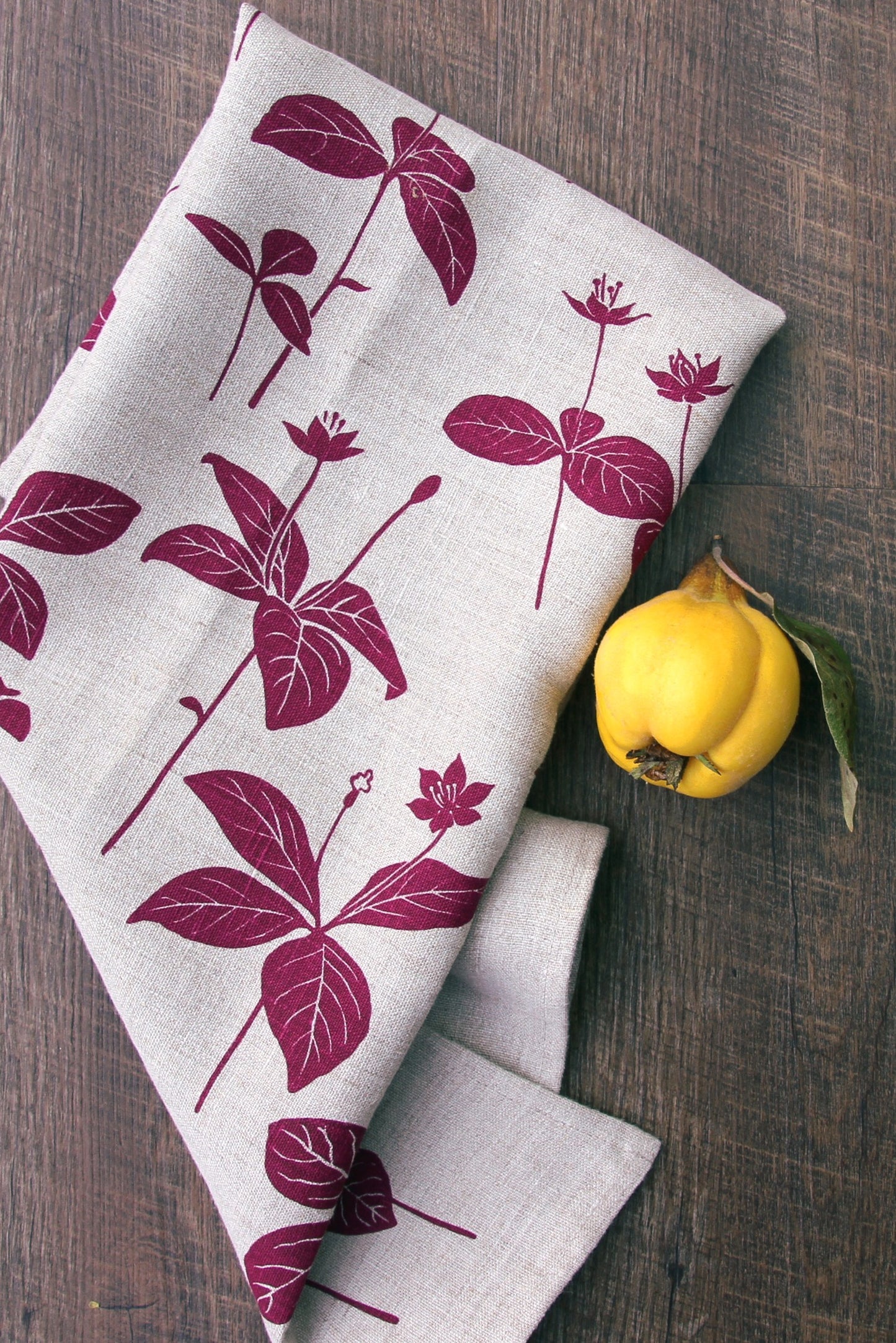 Starflower Kitchen Towel in Rosebud on Natural Linen