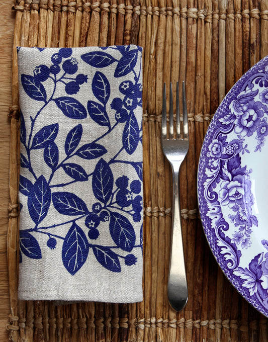 Blueberry Napkin in Indigo on Natural Flax Linen