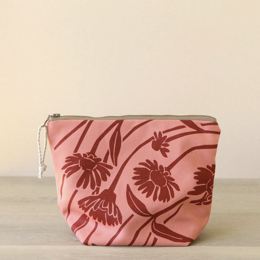 Supply Pouch - 9" Wild Daisy in Wine on Vintage Pink Canvas