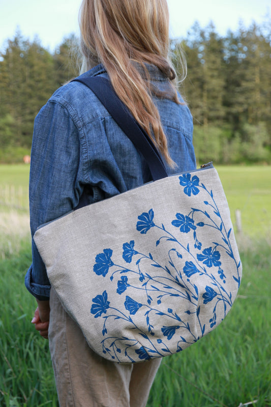 Flax in Flax Blue - Belgian Linen Tote with Zipper