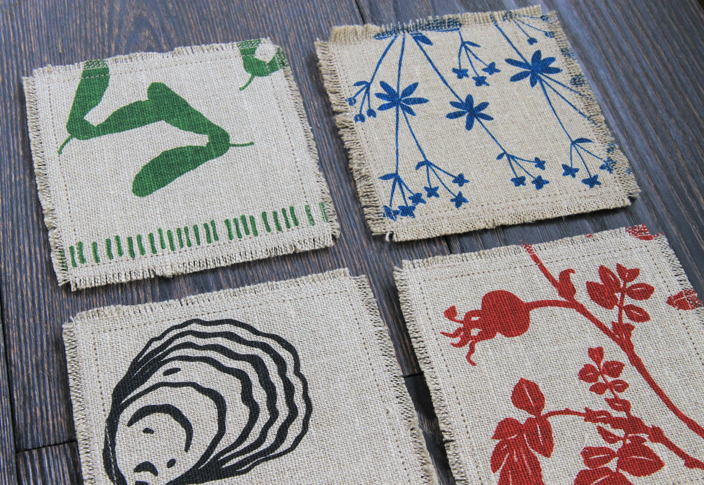 Set of 8 Linen & Felt Coasters - Northwest Native Plant Patterns