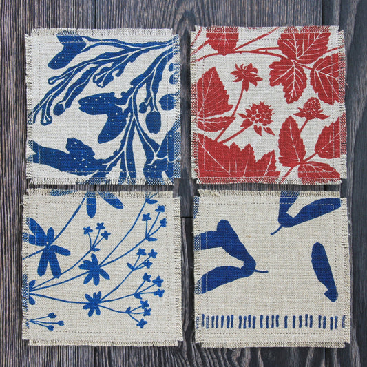 Set of 4 Linen & Felt Coasters, Northwest Native Plant Patterns