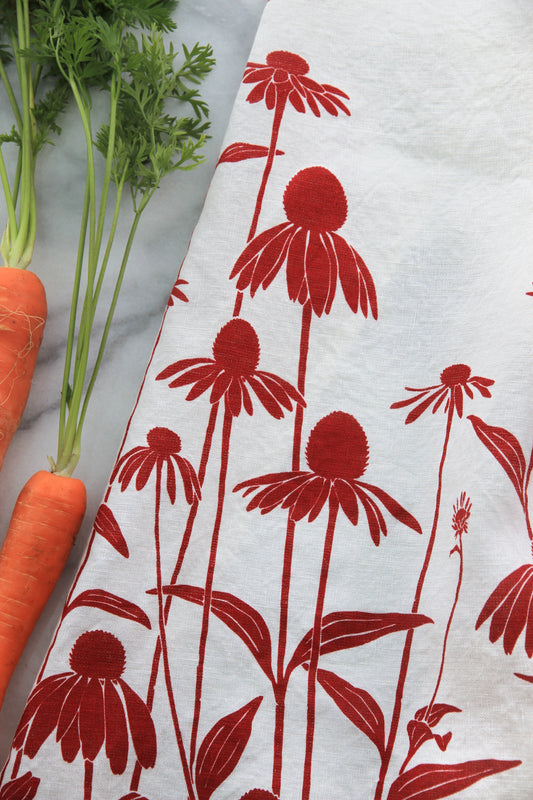 Echinacea Kitchen Towel in Raspberry on White Linen