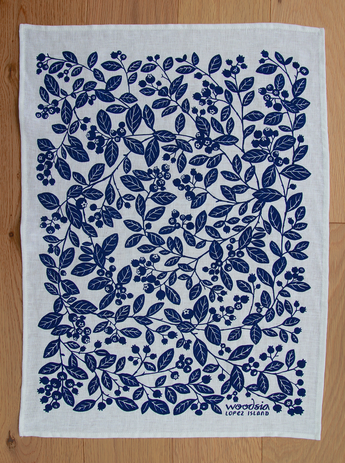 Blueberry Kitchen Towel in Navy on White Linen