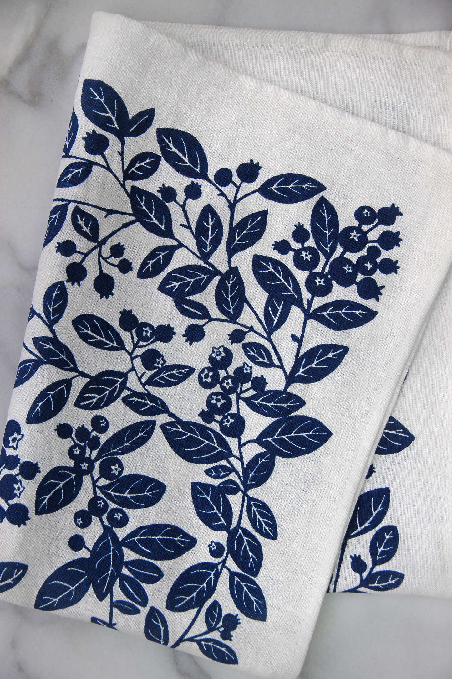 Blueberry Kitchen Towel in Navy on White Linen