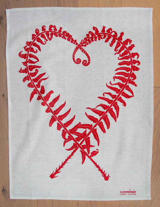 Sword Fern Kitchen Towel in Pink on White Linen