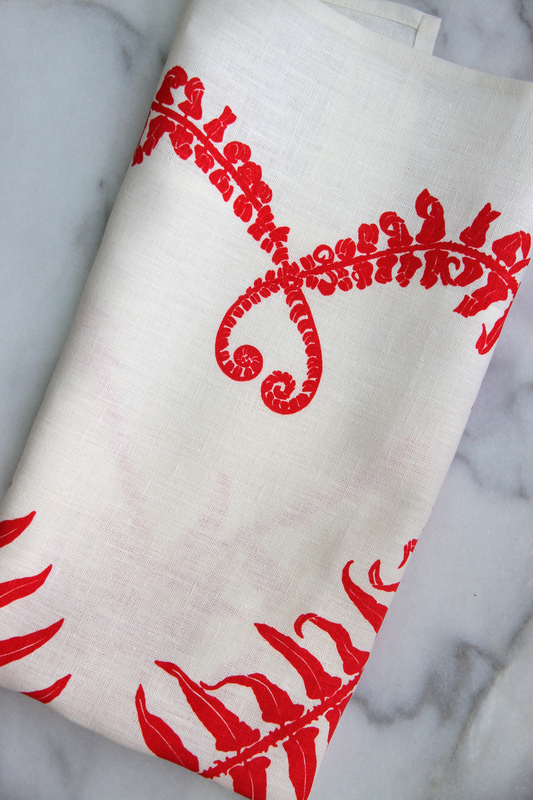 Sword Fern Kitchen Towel in Pink on White Linen
