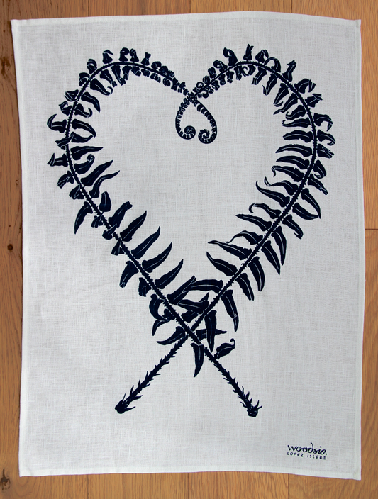 Sword Fern Kitchen Towel in Navy on White Linen