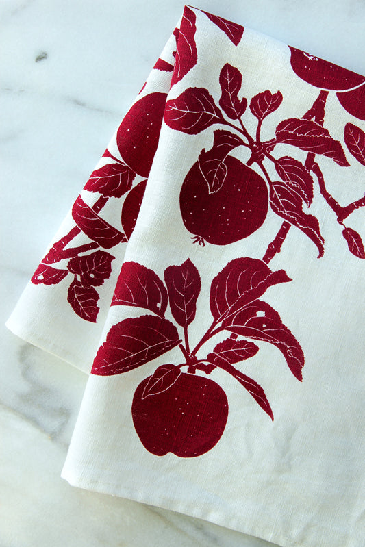Apple Kitchen Towel in Gravenstein Red on White Linen
