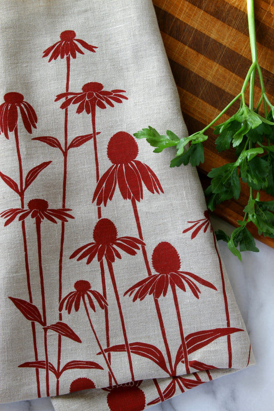 Echinacea Kitchen Towel in Raspberry on Natural Linen