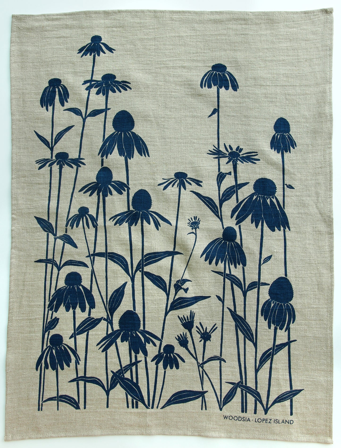 Echinacea Kitchen Towel in Navy on Natural Linen