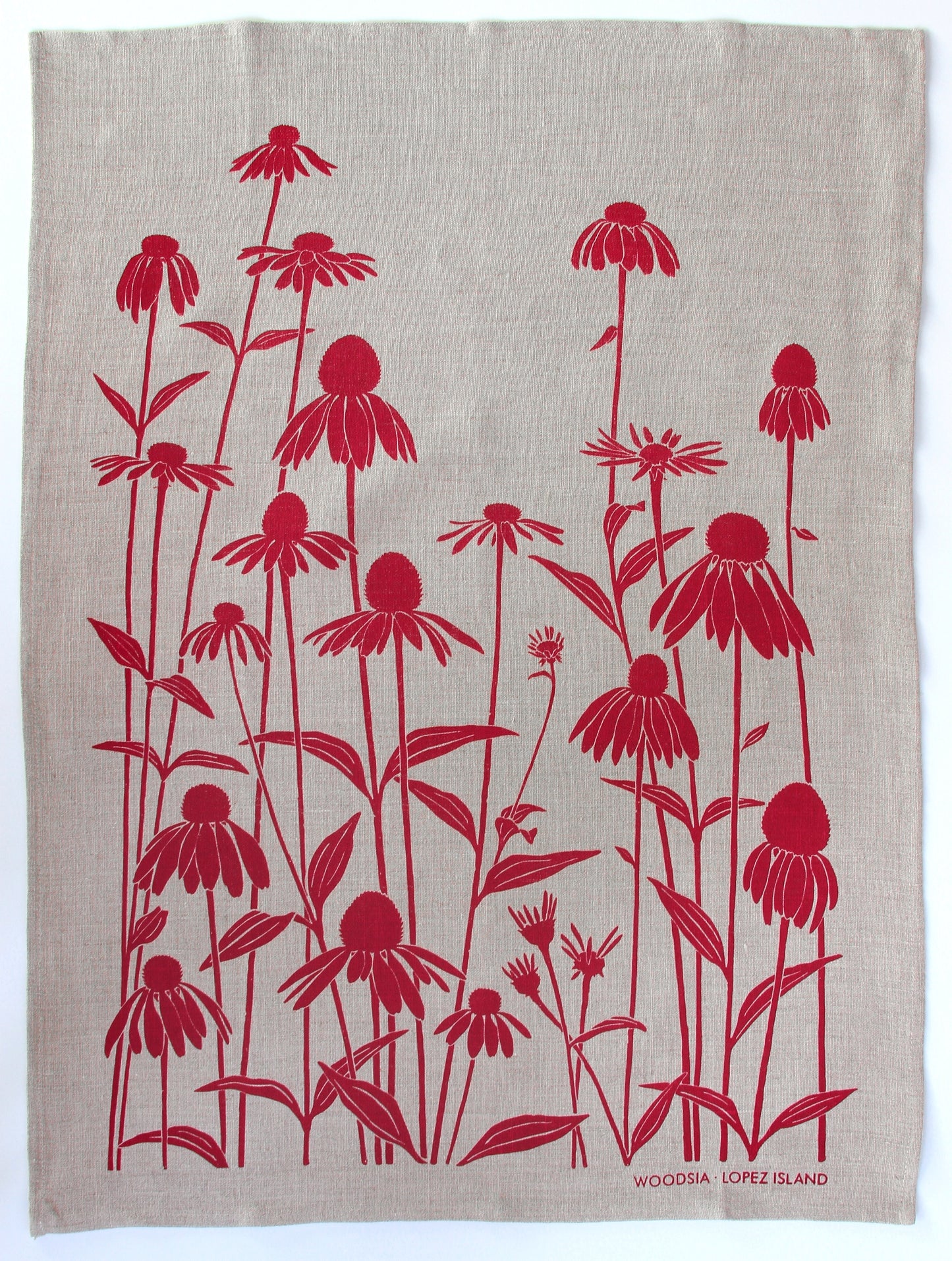 Echinacea Kitchen Towel in Raspberry on Natural Linen