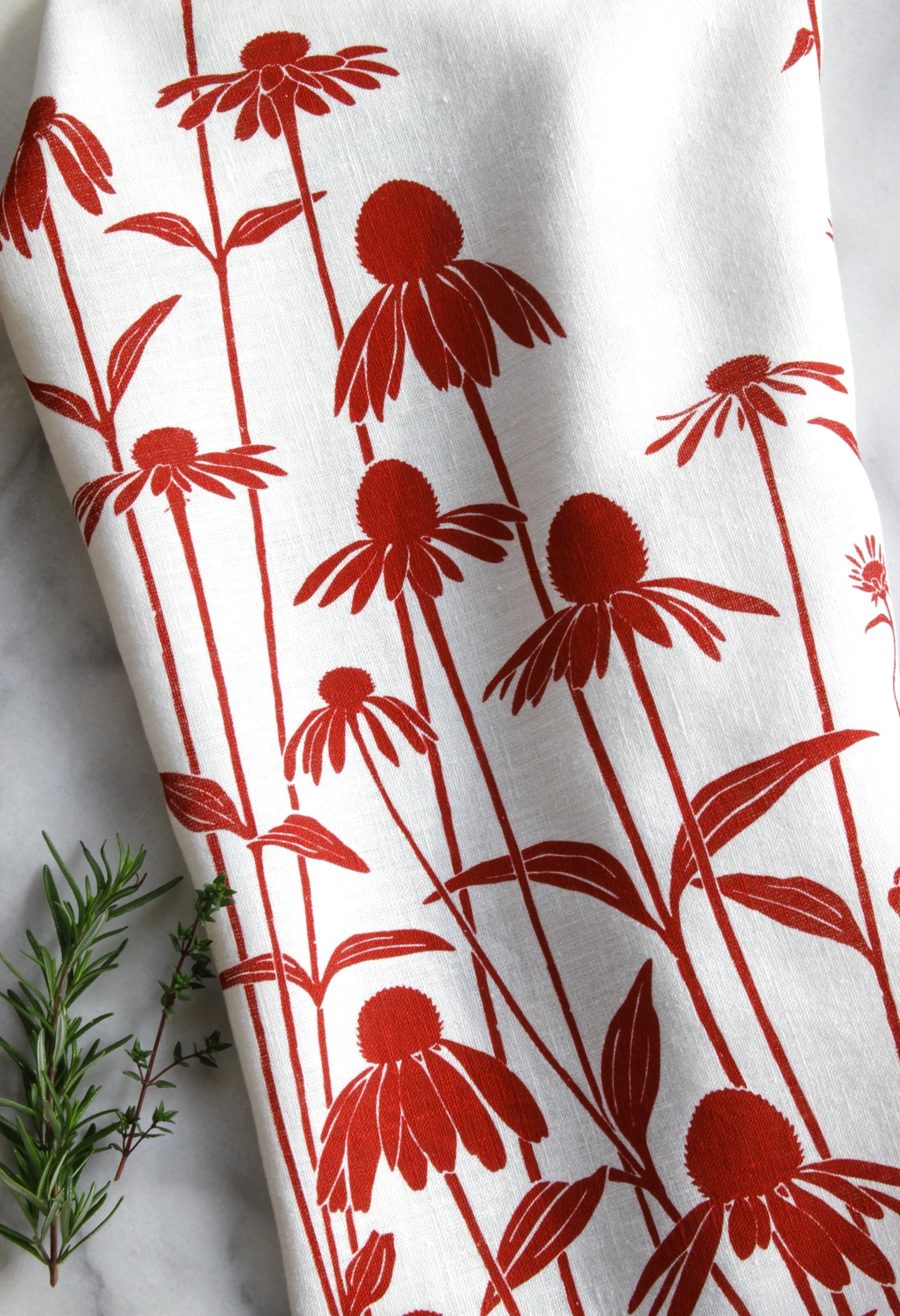 Echinacea Kitchen Towel in Raspberry on White Linen