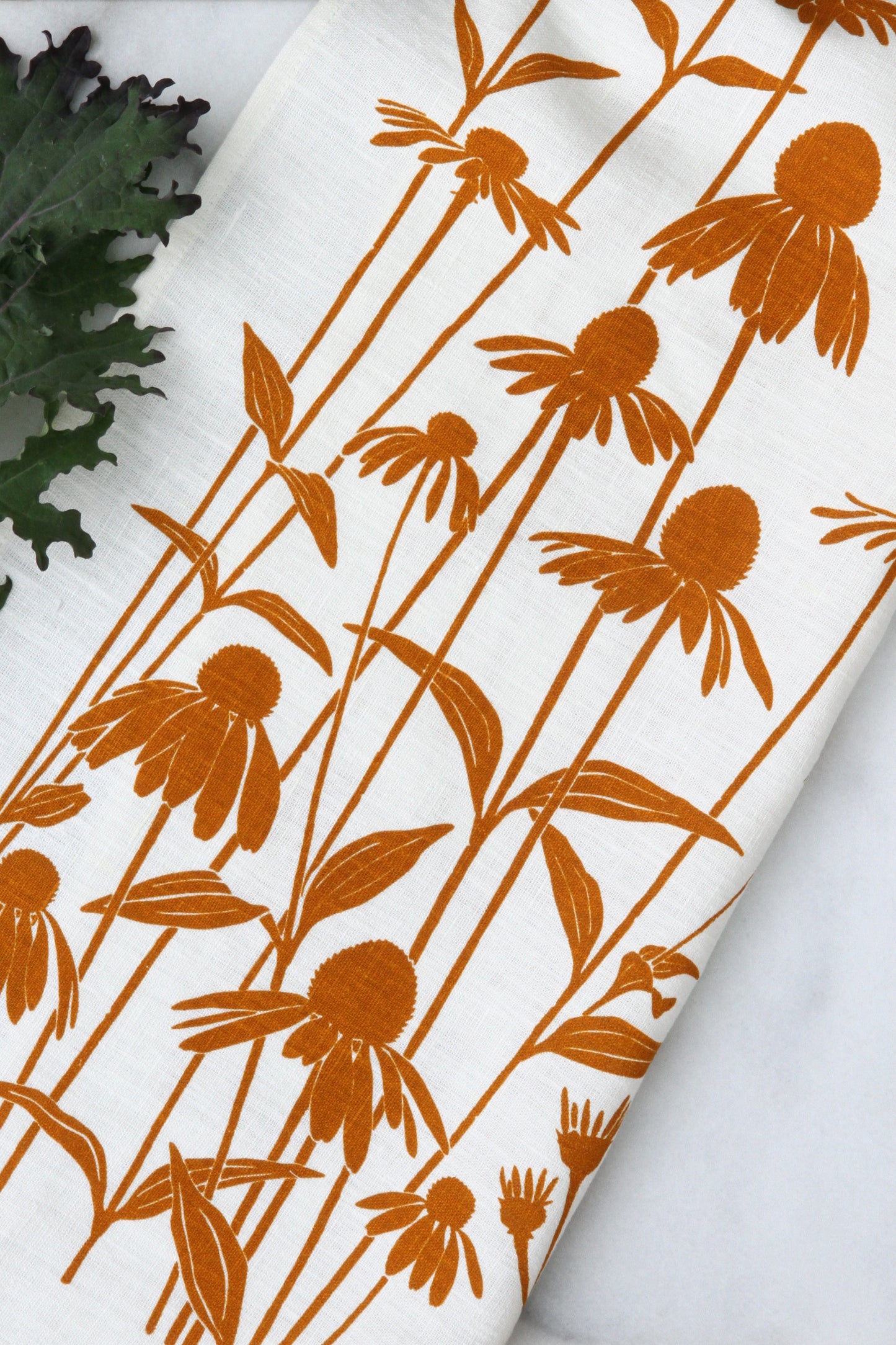 Echinacea Kitchen Towel in Sunny on White Linen