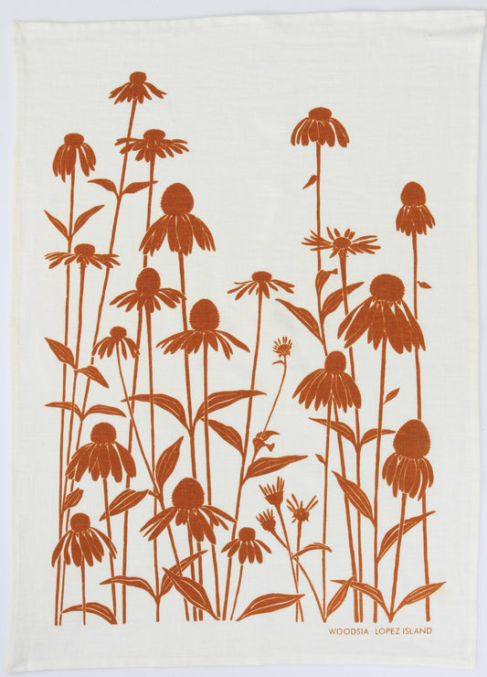 Echinacea Kitchen Towel in Sunny on White Linen