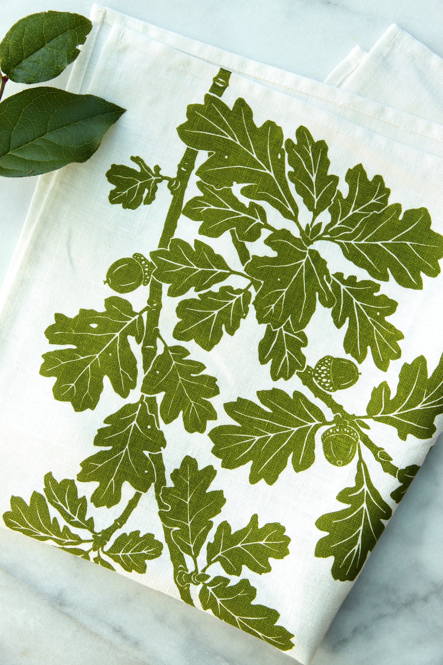 Garry Oak Kitchen Towel in Spring Green on White Linen