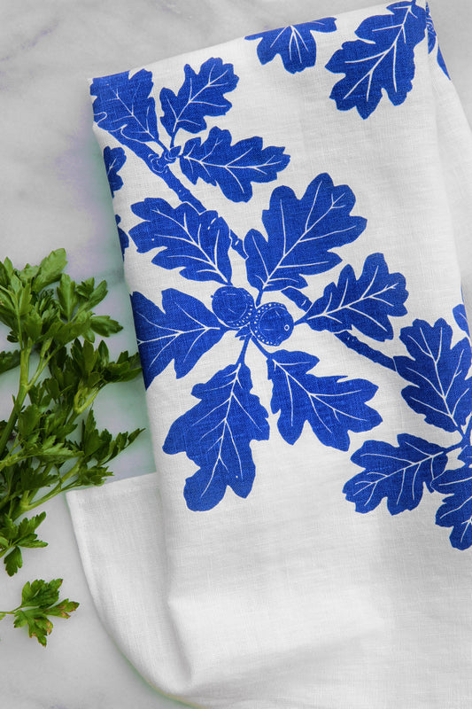 Garry Oak Kitchen Towel in Summer Blue on White Linen