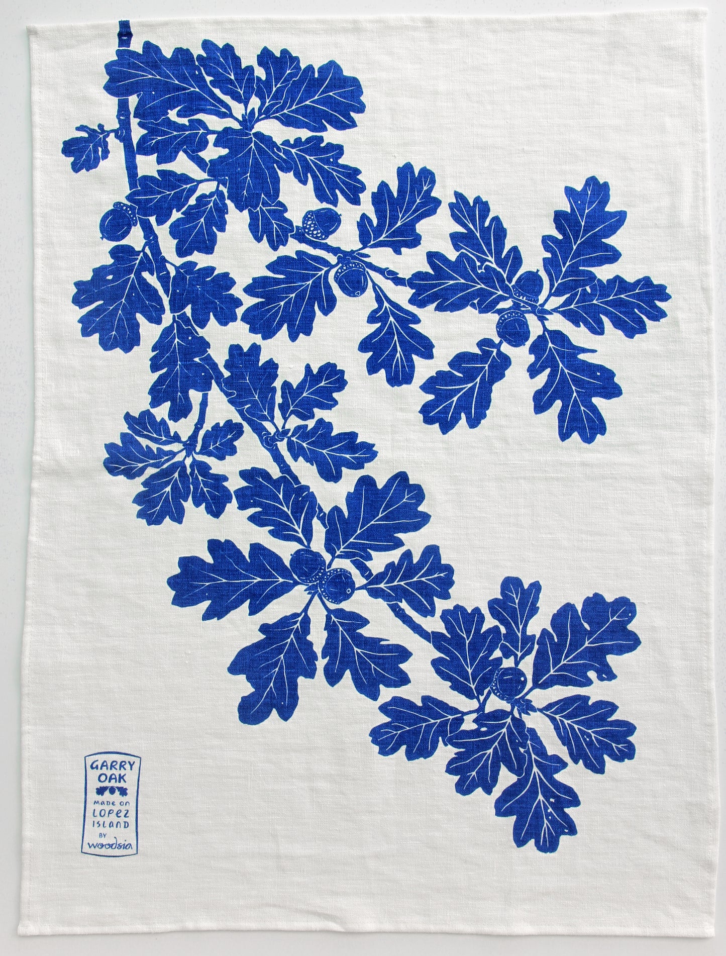 Garry Oak Kitchen Towel in Summer Blue on White Linen