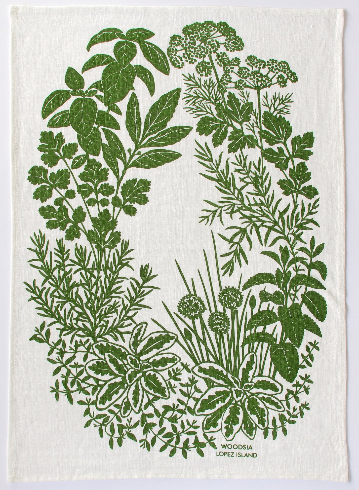 Herb Kitchen Towel in Deep Leaf on White Linen