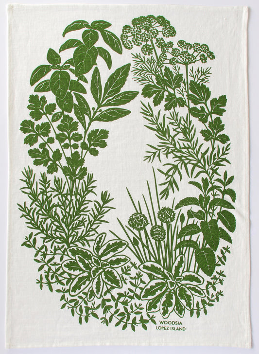 Herb Kitchen Towel in Deep Leaf on White Linen