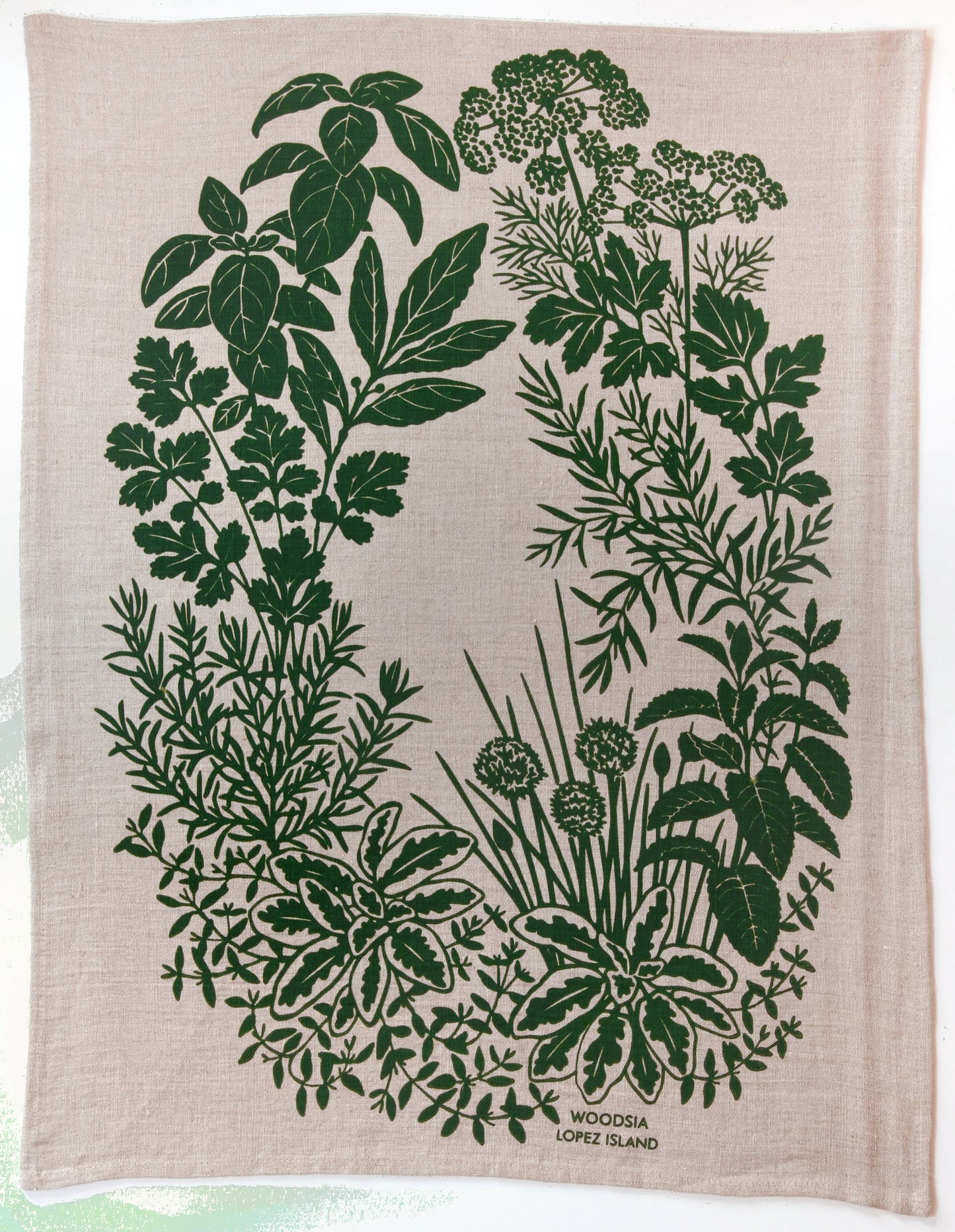 Herb Kitchen Towel in Leaf on Natural Linen
