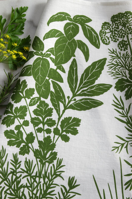 Herb Kitchen Towel in Deep Leaf on White Linen