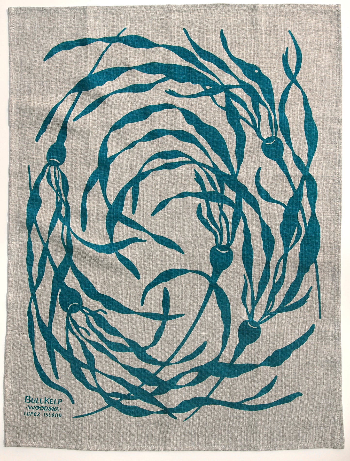 Kelp Swirly Kitchen Towel in Pool on Natural Linen