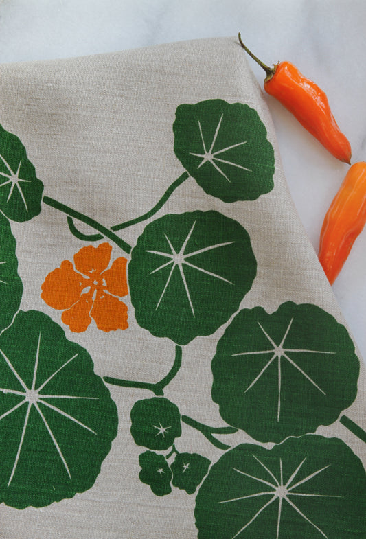 Nasturtium Kitchen Towel on Natural Linen