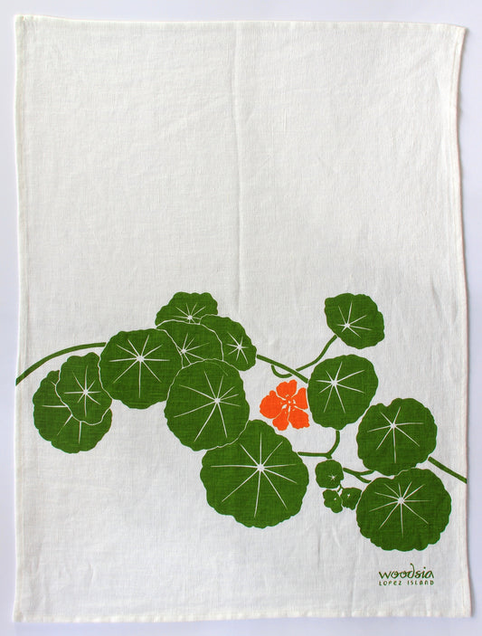 Nasturtium Kitchen Towel on White Linen