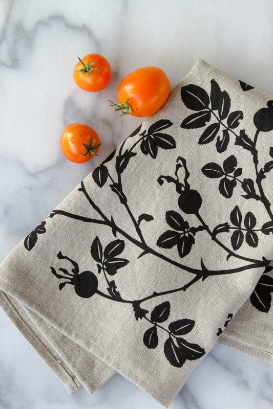 Nootka Rose Kitchen Towel in Black on Natural Linen