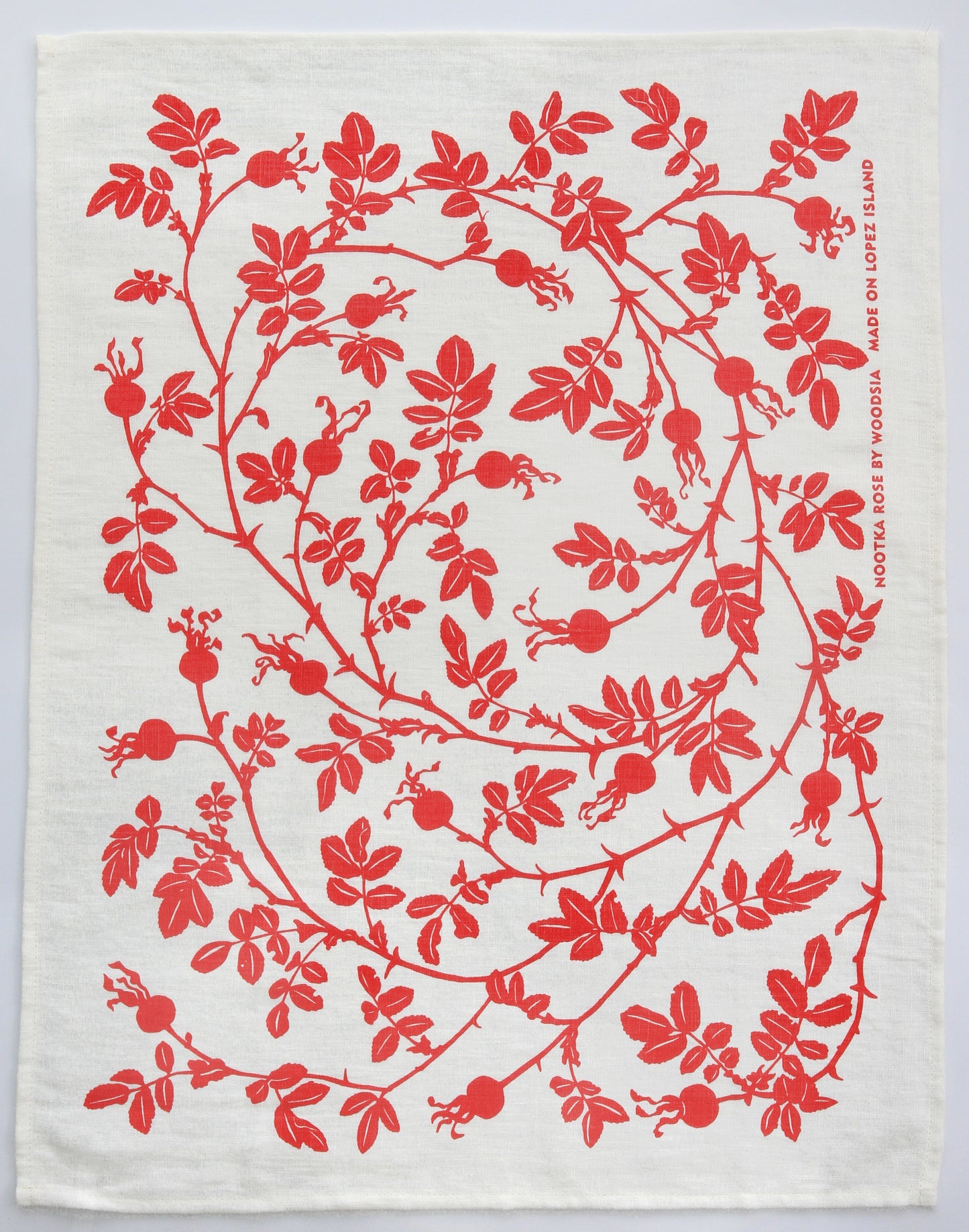 Nootka Rose Kitchen Towel in Posy Pink on White Linen