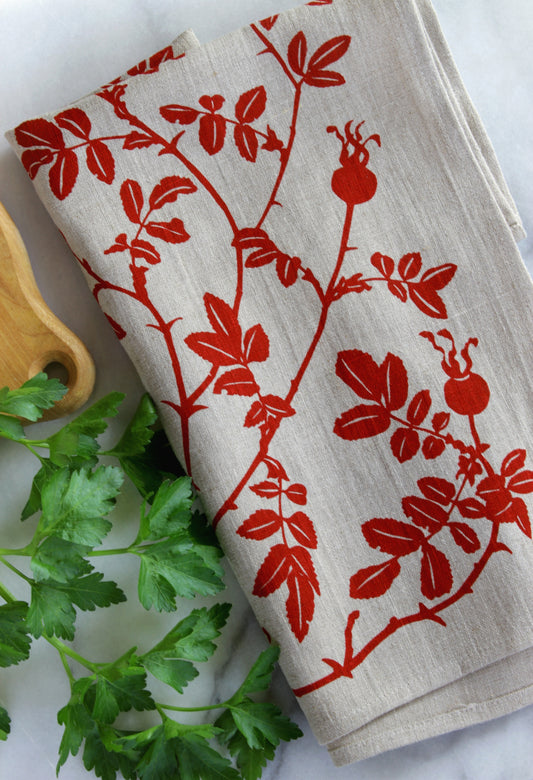 Nootka Rose Kitchen Towel in Red on Natural Linen