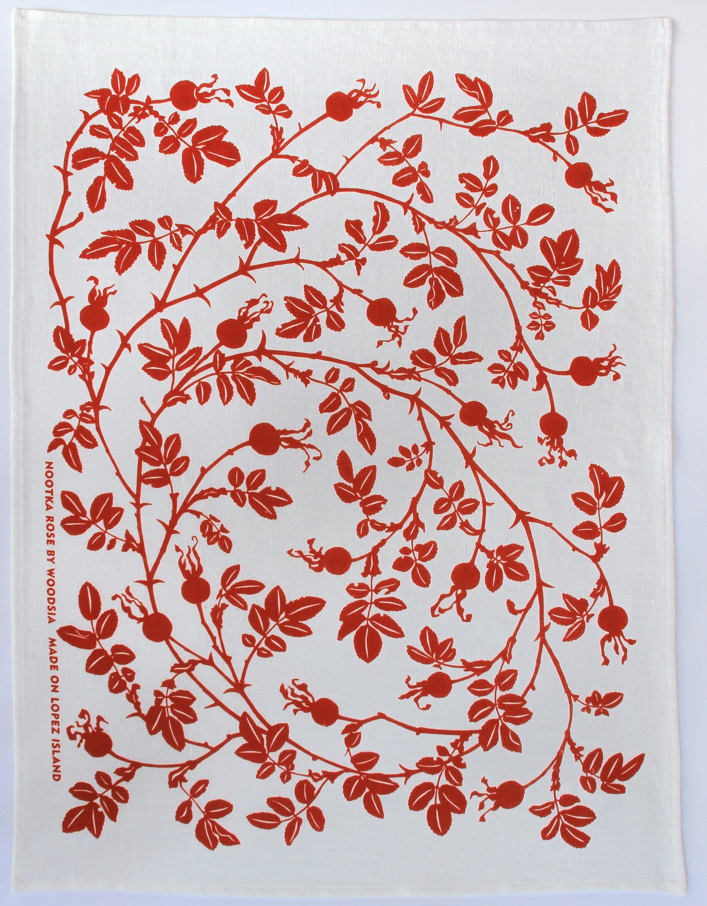 Nootka Rose Kitchen Towel in Red on White Linen