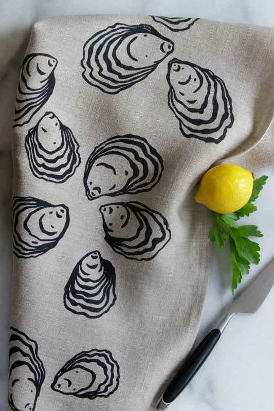 Oyster Kitchen Towel in Black on Natural Linen