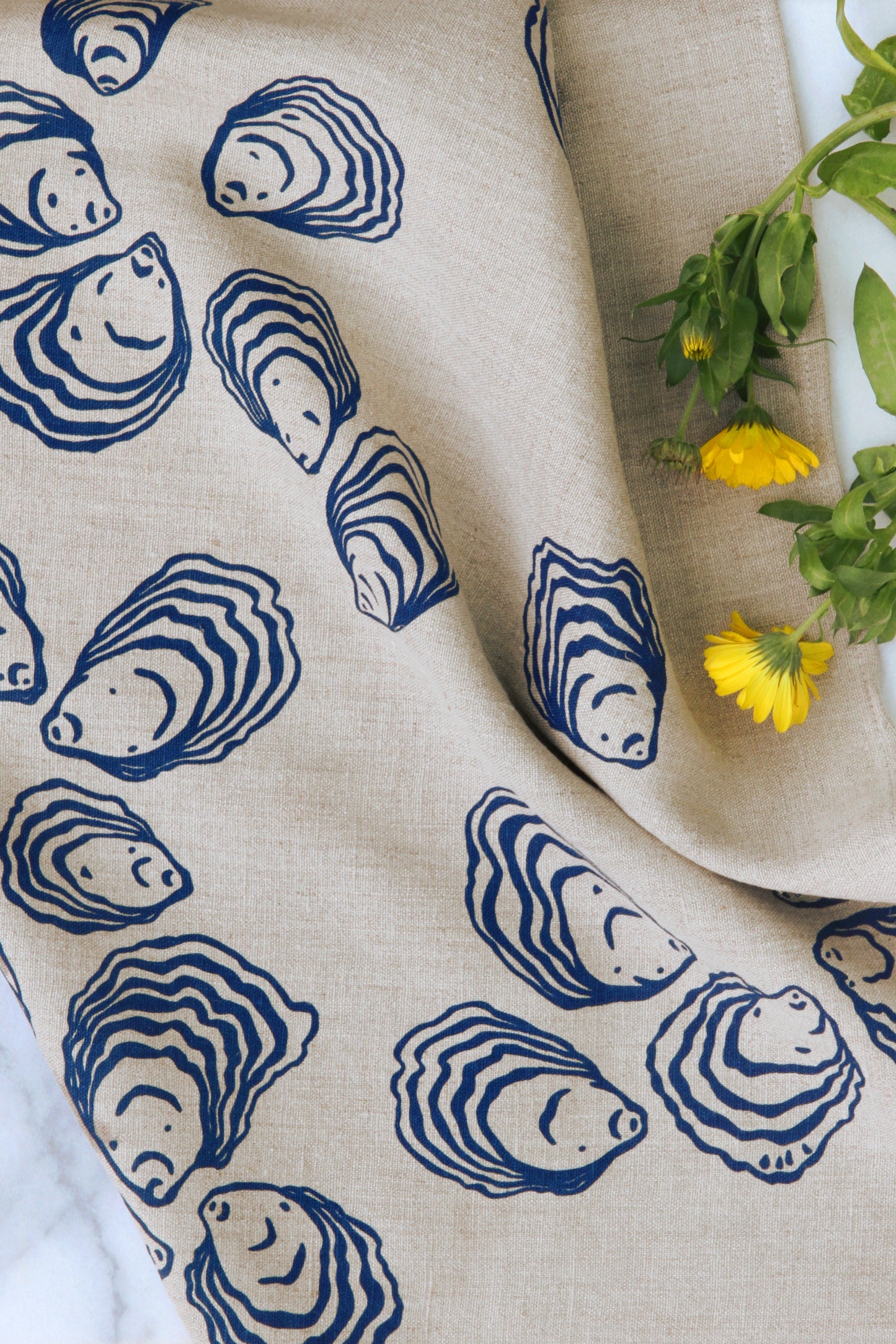 Oyster Kitchen Towel in Navy on Natural Linen