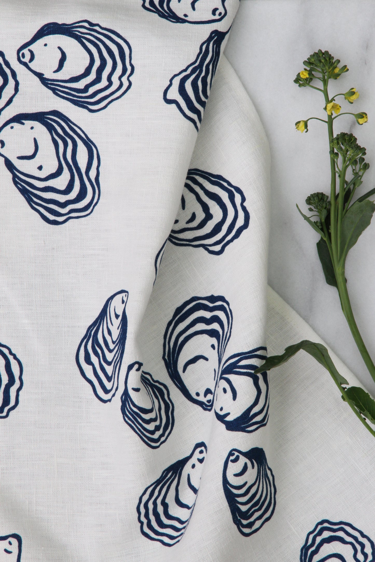 Oyster Kitchen Towel in Navy on White Linen