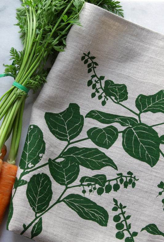Salal Kitchen Towel in Forest Green on Natural Linen