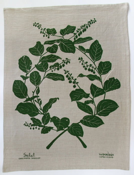 Salal Kitchen Towel in Forest Green on Natural Linen