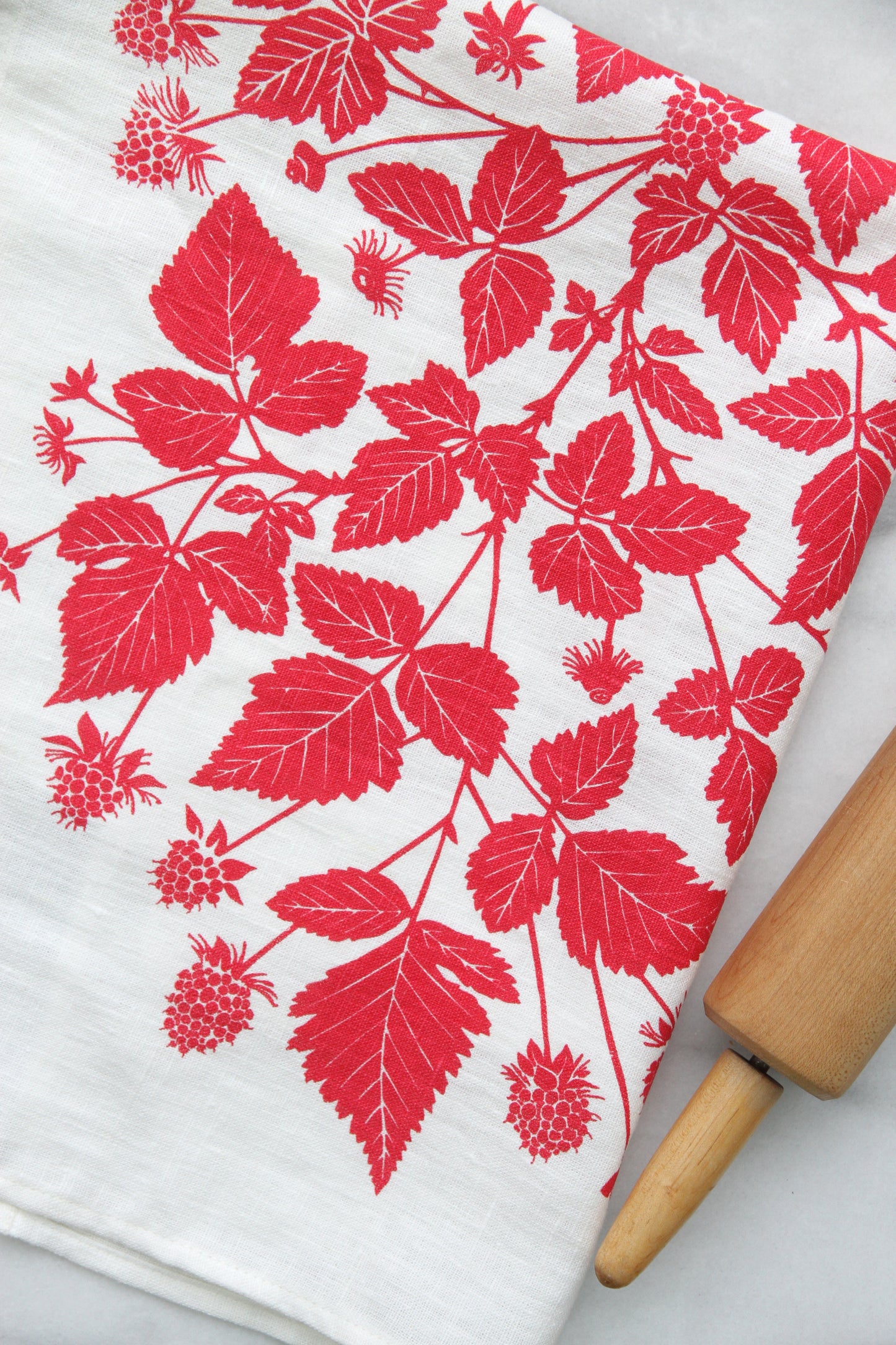 Salmonberry Kitchen Towel in Peony on White Linen