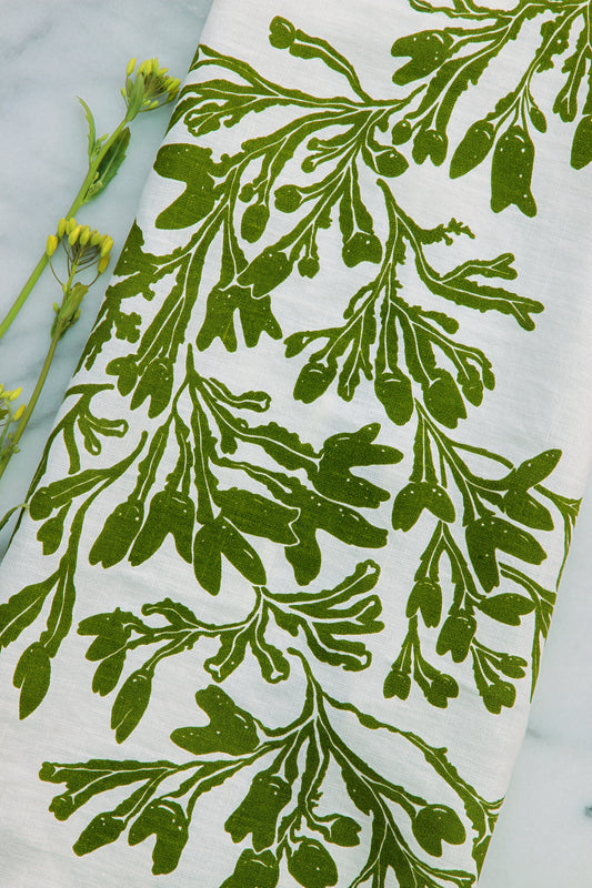 Seaweed Kitchen Towel in Fresh Green on White Linen